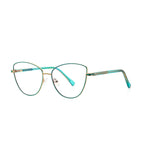 Geometric Lattice Metal Cat Eye Spring Hinge Blue Light Blocking Glasses in Polished Gold and Emerald Green