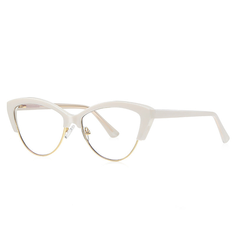 Metal Rim Browline Cat Eye Blue Light Blocking Glasses in Cream Ivory & Gold