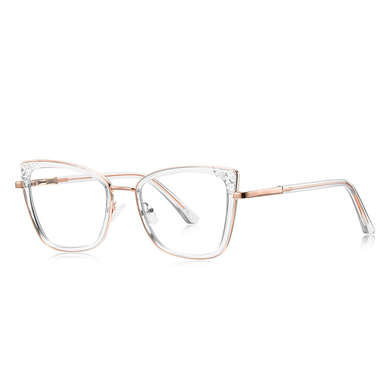 Pavé Corner Cat Eye Blue Light Blocking Glasses in Crystal Clear with Rose Gold Bridge & Pavé Corners