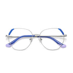 Pyramid Corner Metal Geometric Spring Hinge Blue Light Blocking Glasses in Silver and Cobalt Blue with Lavender Dipped Tips