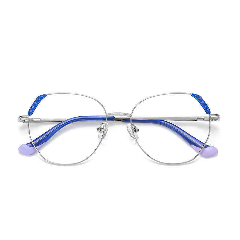 Pyramid Corner Metal Geometric Spring Hinge Blue Light Blocking Glasses in Silver and Cobalt Blue with Lavender Dipped Tips