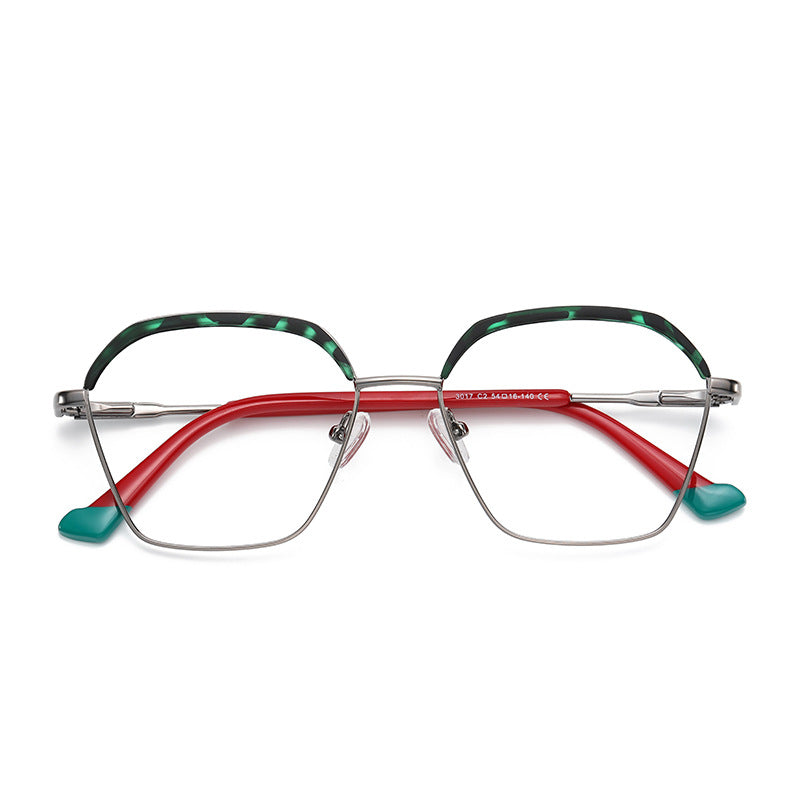 Arched Brow Geometric Square Blue Light Blocking Glasses in Silver with Green Tortoiseshell Brow