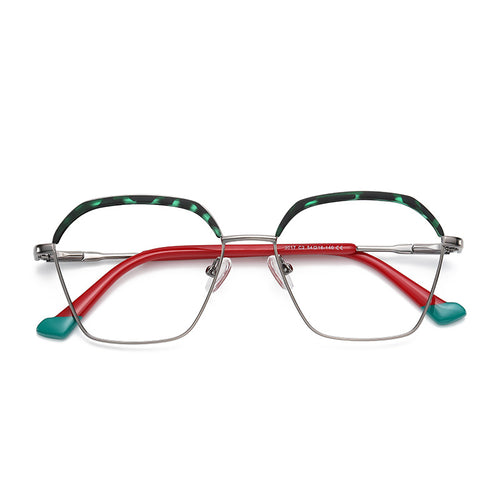 Arched Brow Geometric Square Blue Light Blocking Glasses in Silver with Green Tortoiseshell Brow