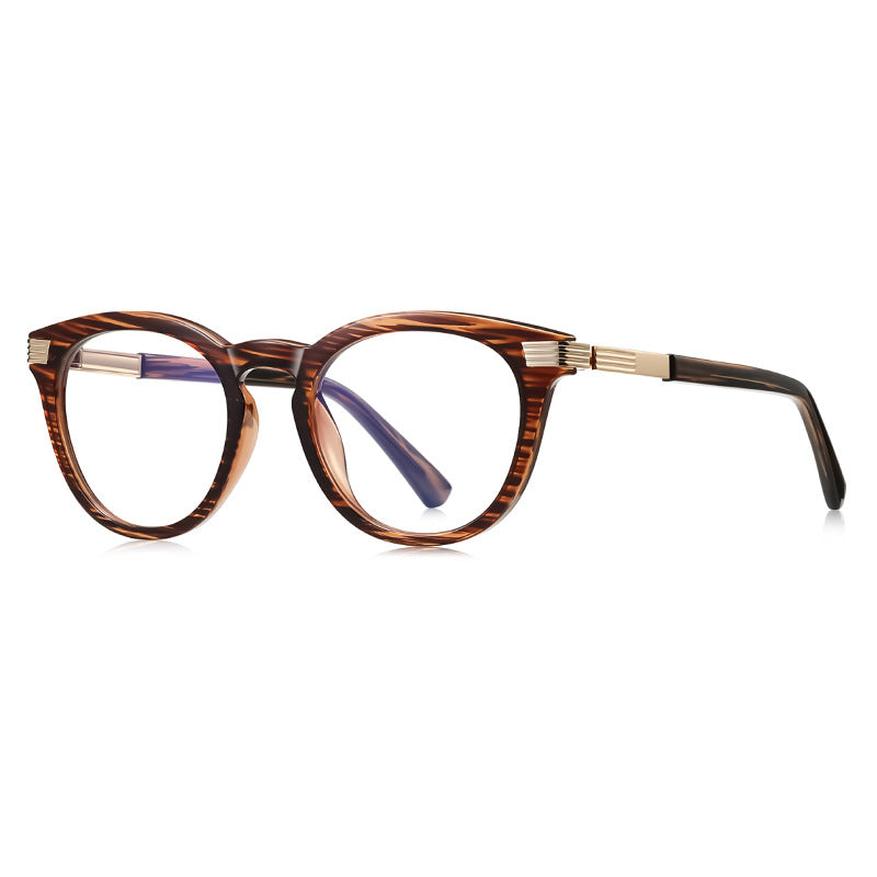 Ribbed Bar Round Blue Light Blocking Glasses in Warm Amber Woodgrain Tortoise with Gold Ribbed Bar Accents