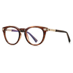 Ribbed Bar Round Blue Light Blocking Glasses in Warm Amber Woodgrain Tortoise with Gold Ribbed Bar Accents