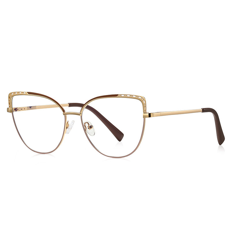 Eyelet Brow Metal Cat Eye Spring Hinge Blue Light Blocking Glasses in Polished Gold with Chocolate Brown Enamel Brow, Cutout Eyelet Wings, and Cocoa Gradient Lower Rim