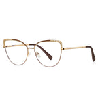 Eyelet Brow Metal Cat Eye Spring Hinge Blue Light Blocking Glasses in Polished Gold with Chocolate Brown Enamel Brow, Cutout Eyelet Wings, and Cocoa Gradient Lower Rim