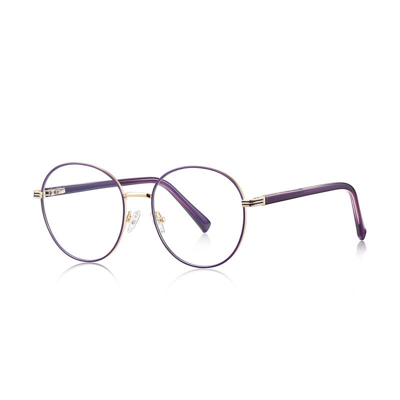 Banded Hinge Metal Round Blue Light Blocking Glasses in Gold with Dark Plum Enamel Rim