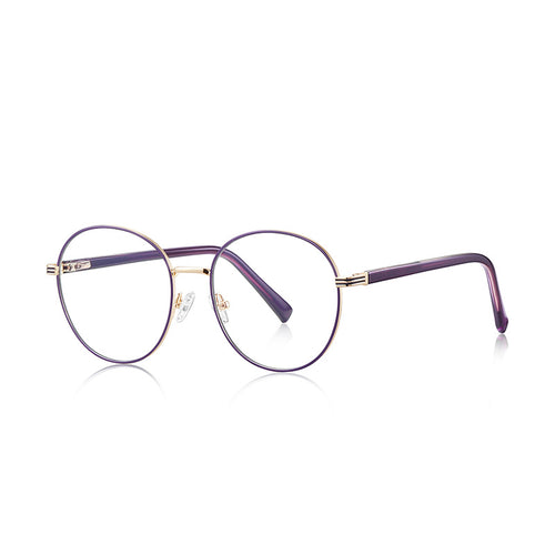 Banded Hinge Metal Round Blue Light Blocking Glasses in Gold with Dark Plum Enamel Rim