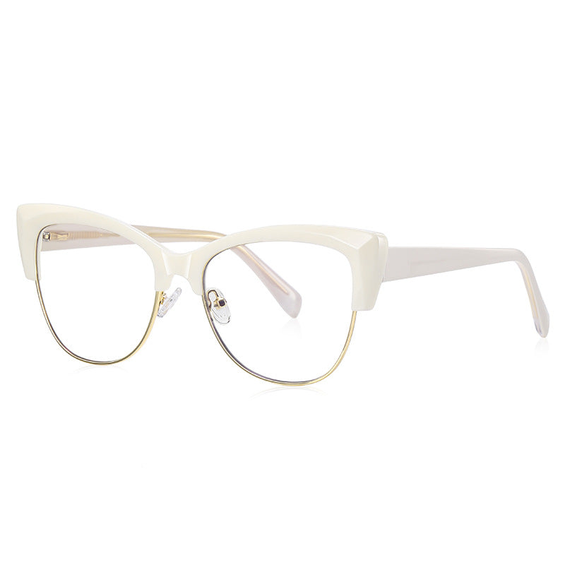Winged Browline Cat Eye Spring Hinge Blue Light Blocking Glasses in Cream Ivory with Gold Wire Rim