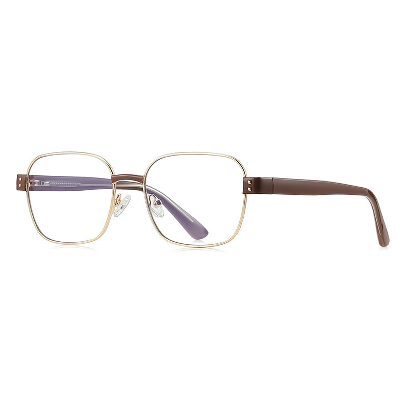 Dual Rivet Metal Square Blue Light Blocking Glasses in Gold & Brown