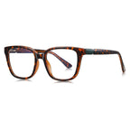 Barrel Hinge Square Blue Light Blocking Glasses in Amber Tortoiseshell with Green Barrel Hinge