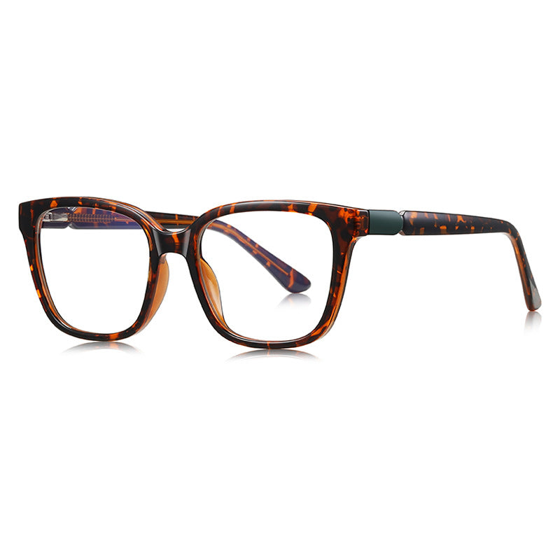 Barrel Hinge Square Blue Light Blocking Glasses in Amber Tortoiseshell with Green Barrel Hinge
