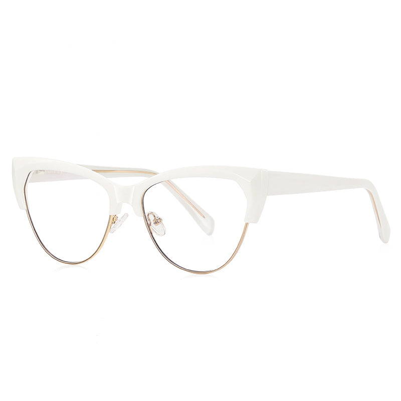 Faceted Browline Cat Eye Spring Hinge Blue Light Blocking Glasses in Chalk White and Gold