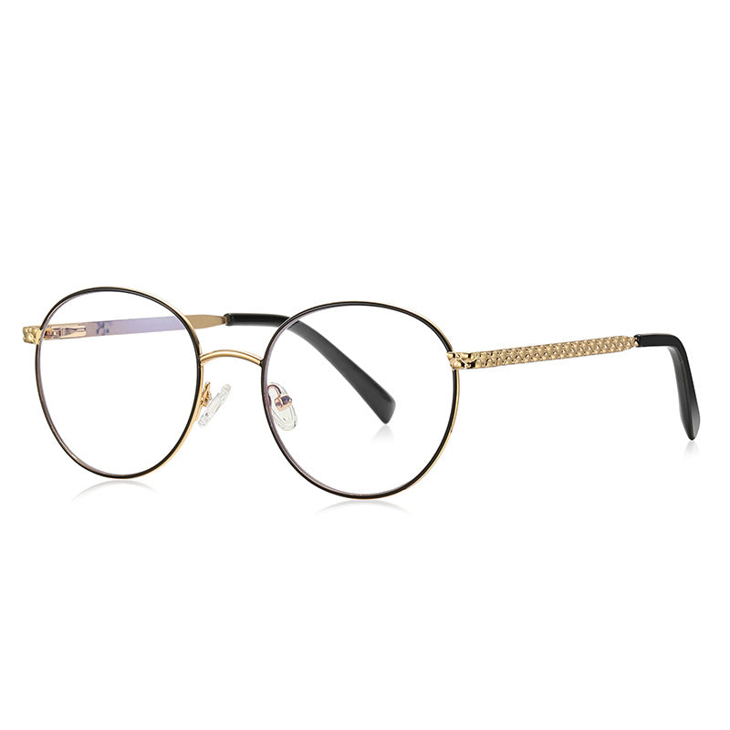 Chain-Link Temple Round Blue Light Blocking Glasses in Gold with Black Rim