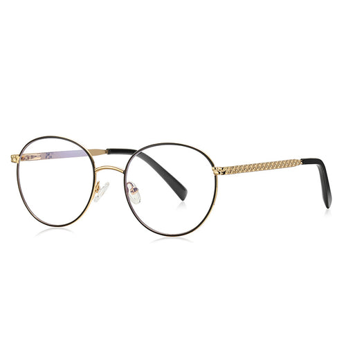Chain-Link Temple Round Blue Light Blocking Glasses in Gold with Black Rim