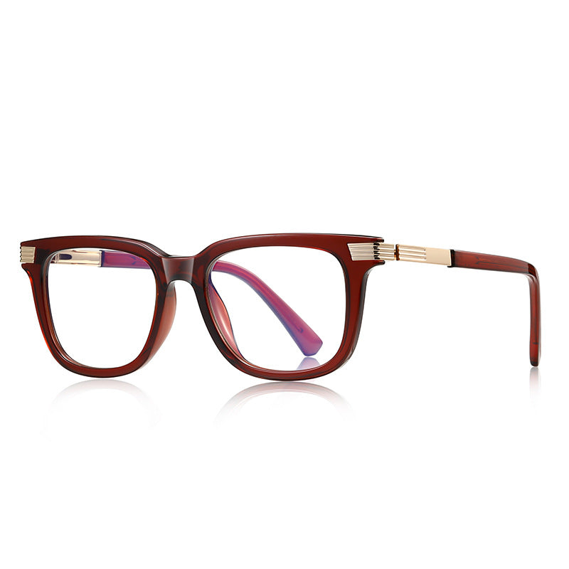 Grooved Bar Square Blue Light Blocking Glasses in Translucent Cherry Red with Grooved Gold Bars