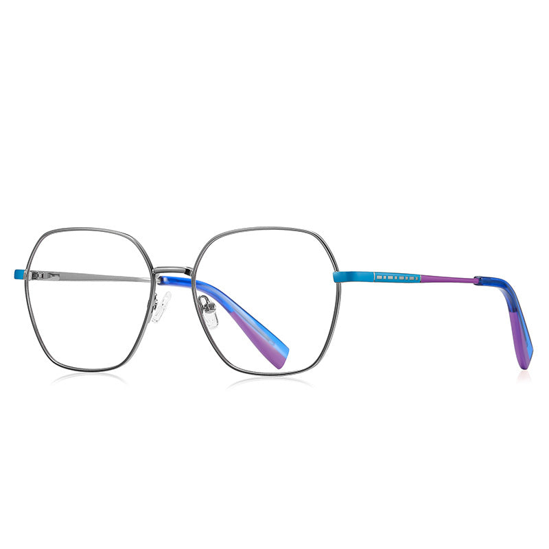 Colorblock Temple Geometric Square Spring Hinge Blue Light Glasses in Silver with Royal Blue and Violet Purple Temples