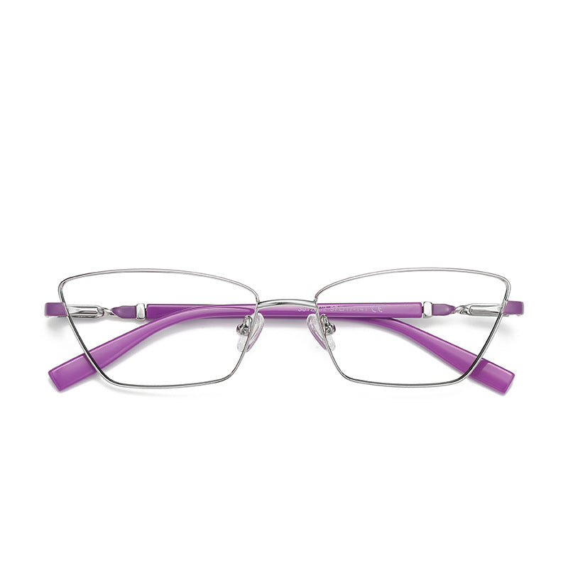 Contrast Sleeve Metal Cat Eye Blue Light Blocking Glasses in Silver with Lavender Purple
