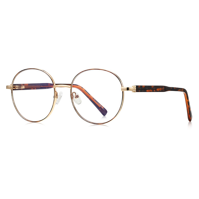 Grid-Texture Metal Round Blue Light Blocking Glasses in Gold with Tortoiseshell Enamel Rim & Tortoiseshell Grid Temples