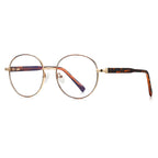 Grid-Texture Metal Round Blue Light Blocking Glasses in Gold with Tortoiseshell Enamel Rim & Tortoiseshell Grid Temples