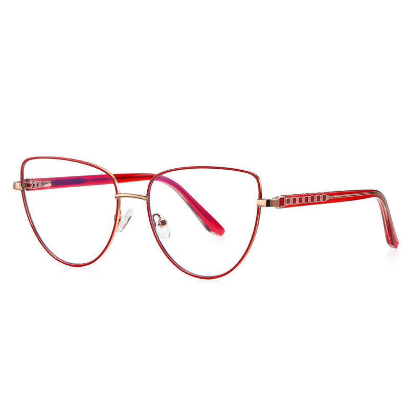 Ladder Temple Metal Cat Eye Blue Light Blocking Glasses in Rose Gold with Crimson Red Enamel Rim