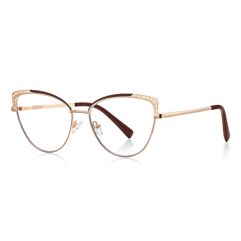 Rhinestone Wing Metal Cat Eye Spring Hinge Blue Light Blocking Glasses in Rose Gold and Chocolate Brown