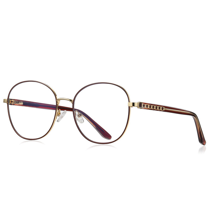 Ladder Temple Metal Round Blue Light Blocking Glasses in Gold with Brown Enamel Rim