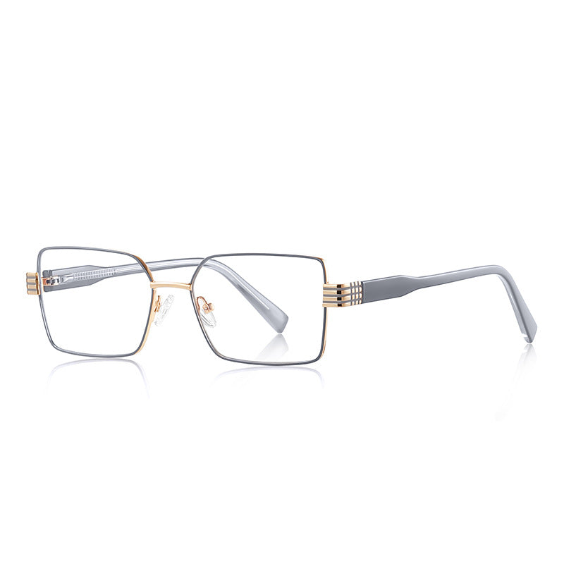 Oversized Square Metal Multi-Groove Hinge Blue Light Blocking Glasses in Gray Gold