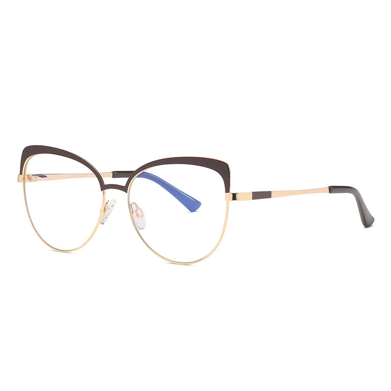 Sculpted Browline Butterfly Spring Hinge Blue Light Blocking Glasses in Polished Gold and Espresso Brown