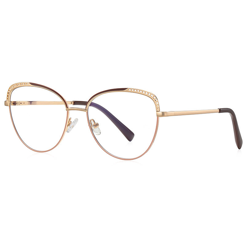 Beaded Brow Cat Eye Spring Hinge Blue Light Blocking Glasses in Chocolate Brown and Rose Gold