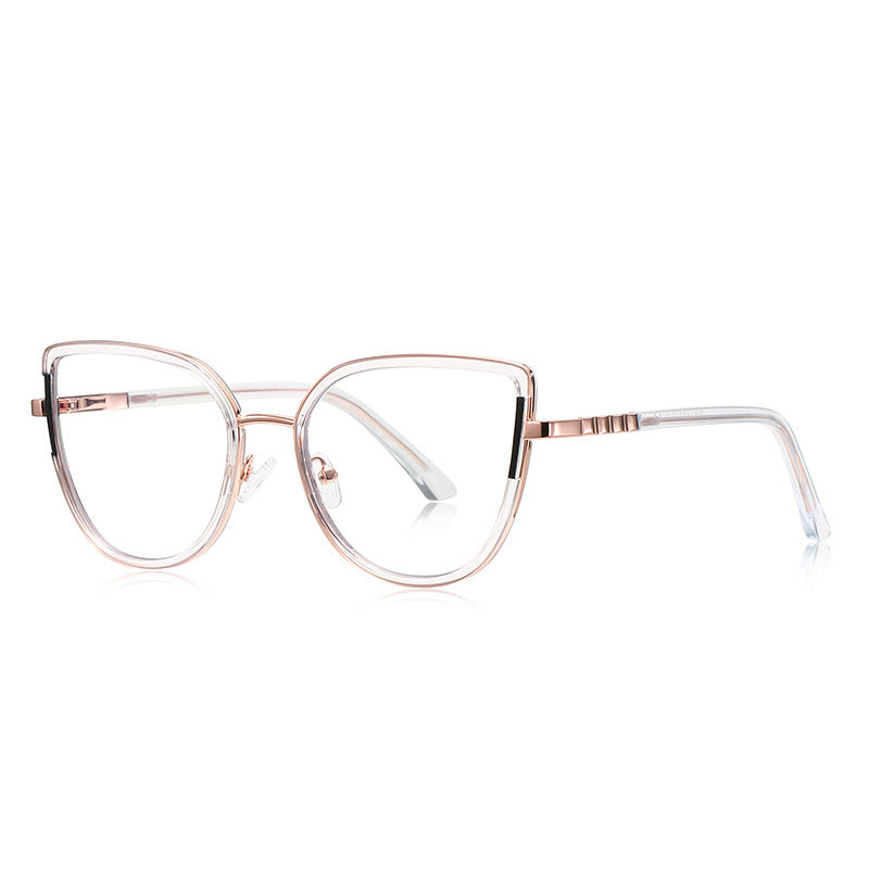 Segmented Temple Metal Cat Eye Blue Light Blocking Glasses in Rose Gold & Crystal Clear