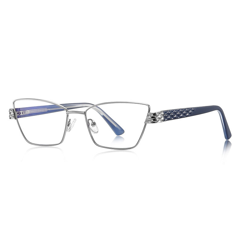 Vintage Metal Cat Eye Blue Light Blocking Glasses in Silver &amp; Slate Blue