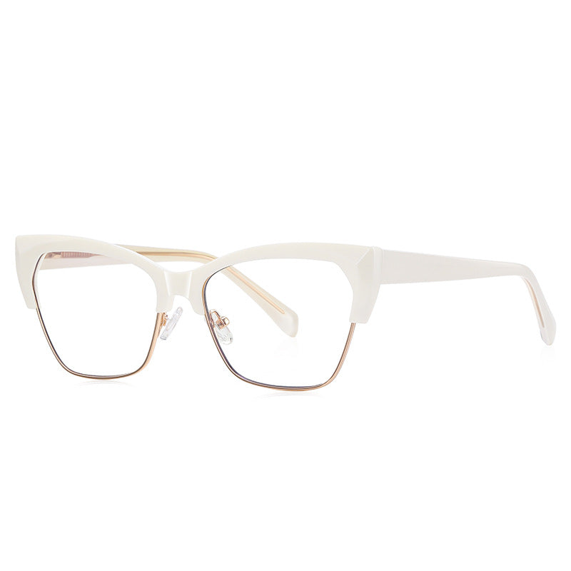 Wire Rim Browline Cat Eye Blue Light Blocking Glasses in Cream Ivory & Gold