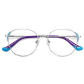 Dipped Tip Metal Round Blue Light Blocking Glasses in Silver Metal with Cyan Teal Winged Accents & Purple/Teal Dipped Tips