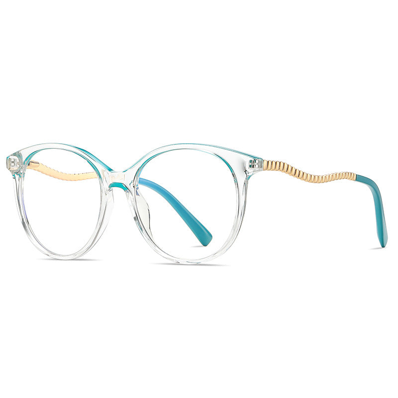 Wavy Metal Temple Round Blue Light Blocking Glasses in Crystal Clear with Teal Brow