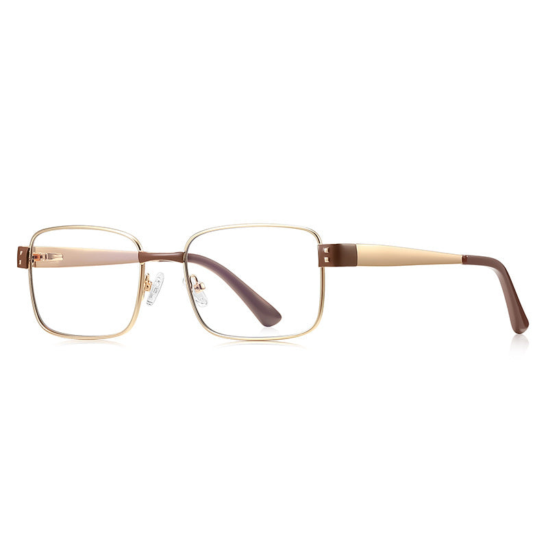 Dual Rivet Metal Rectangle Blue Light Blocking Glasses in Gold with Brown Bridge & Endpiece Blocks