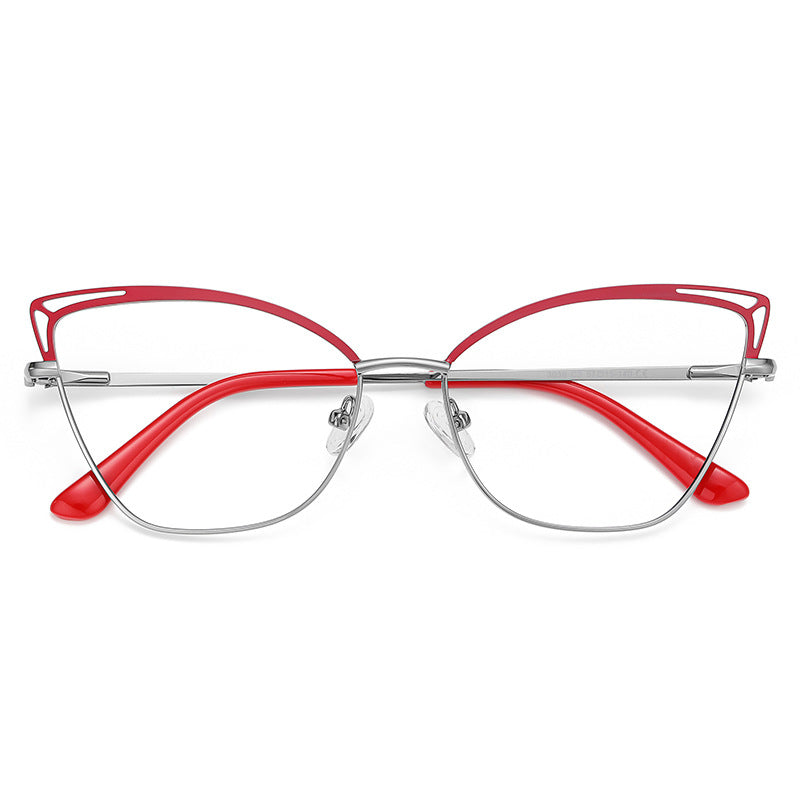 Cutout Metal Cat Eye Blue Light Blocking Glasses in Red and Silver
