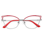 Cutout Metal Cat Eye Blue Light Blocking Glasses in Red and Silver