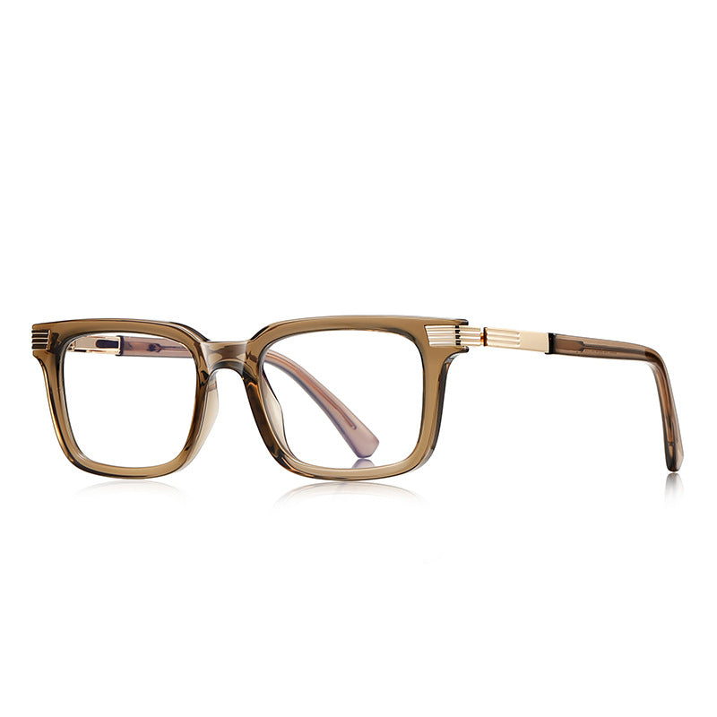 Ribbed Bar Square Blue Light Blocking Glasses in Translucent Honey Amber with Gold Ribbed Bars