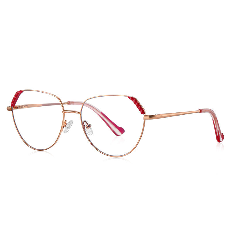 Studded Corner Geometric Spring Hinge Blue Light Glasses in Rose Gold with Textured Red Brow Accents