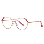 Studded Corner Geometric Spring Hinge Blue Light Glasses in Rose Gold with Textured Red Brow Accents