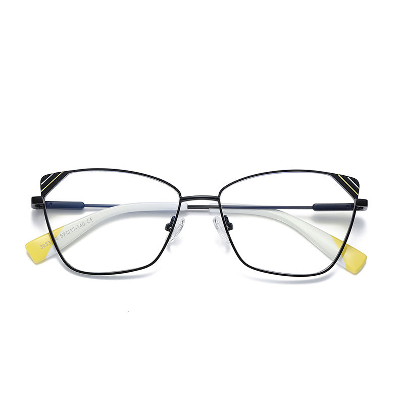 Striped Corner Metal Butterfly Spring Hinge Blue Light Blocking Glasses in Matte Black with Gold Striped Corners and White & Yellow Tips