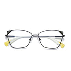 Striped Corner Metal Butterfly Spring Hinge Blue Light Blocking Glasses in Matte Black with Gold Striped Corners and White & Yellow Tips