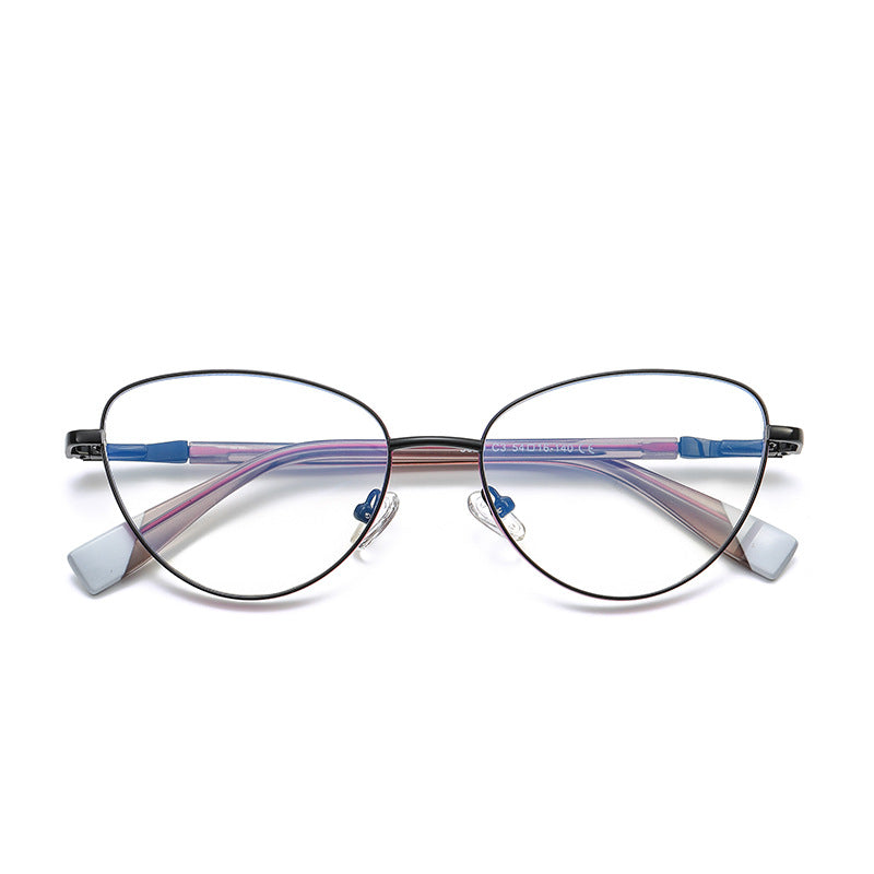 Colorblock Tip Metal Cat Eye Blue Light Blocking Glasses in Black with Blue Tips