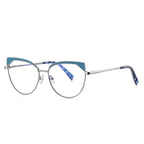 Triangle Wing Metal Cat Eye Blue Light Blocking Glasses in Silver with Teal Blue Triangle Wingtips