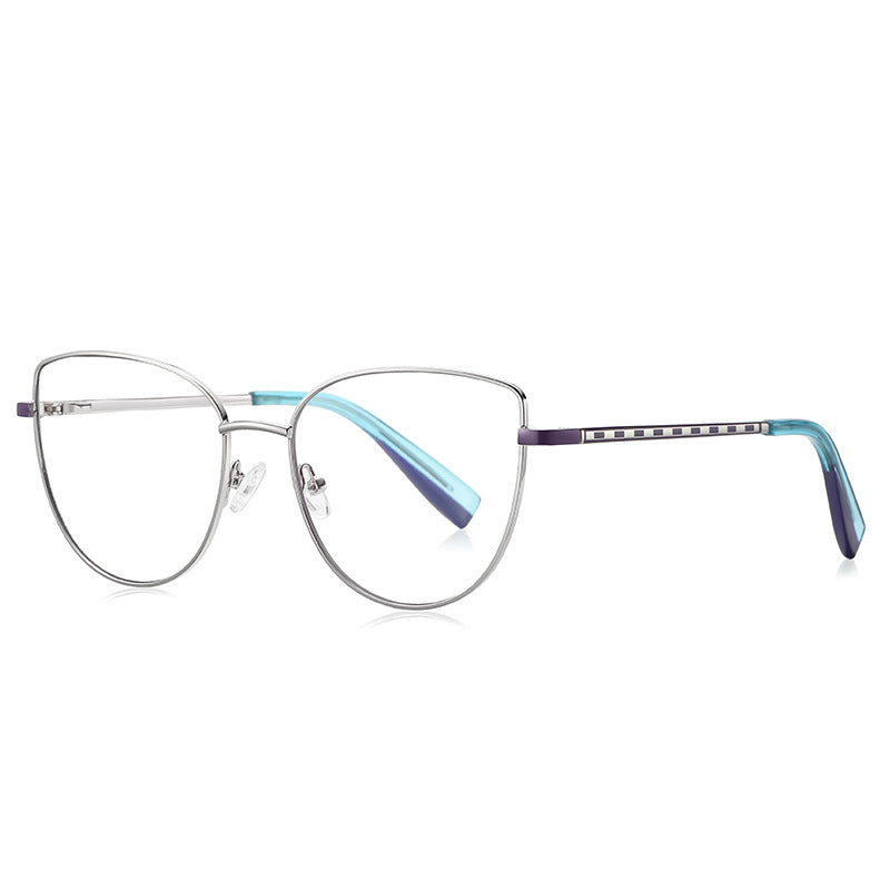 LENSVA Checkered Temple Metal Cat Eye Spring Hinge Glasses in Silver & Violet / Cyan