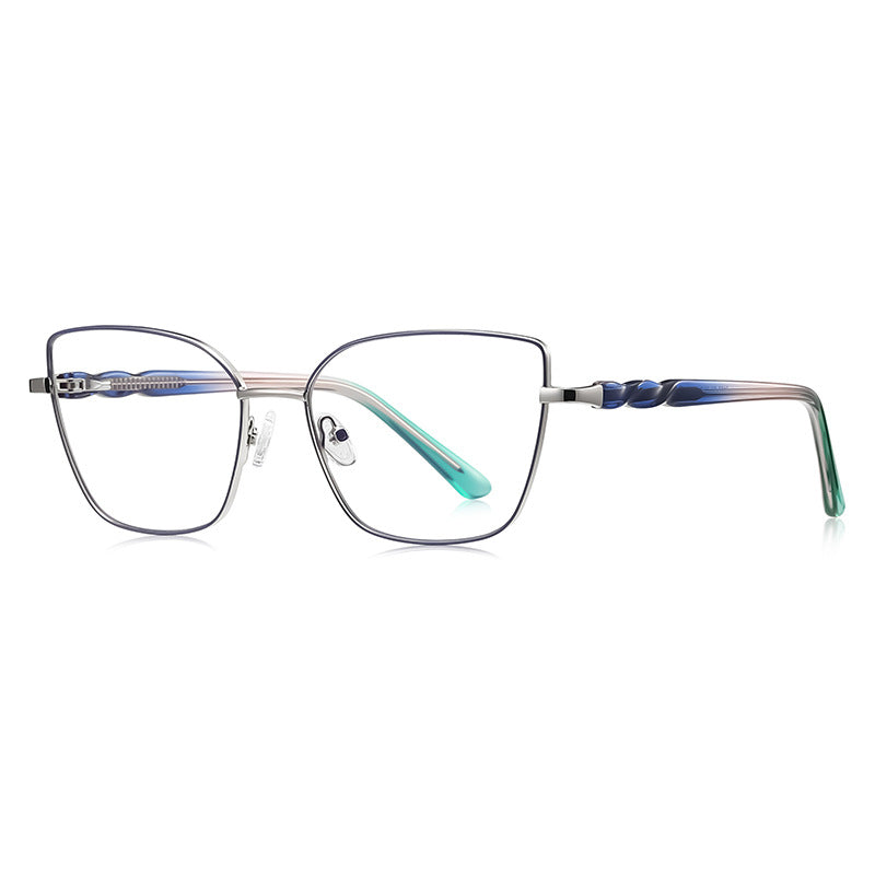 Wavy Temple Butterfly Blue Light Blocking Glasses in Silver with Grey Brow & Turquoise Temples