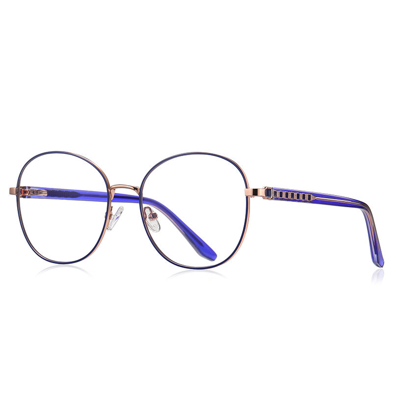 Ladder Temple Metal Round Blue Light Blocking Glasses in Rose Gold with Purple Enamel Rim