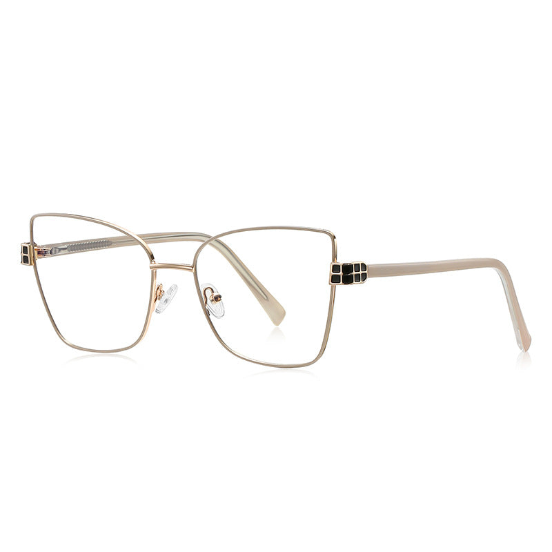 LENSVA Checkered Hinge Metal Butterfly Blue Light Glasses in Light Gold & Beige